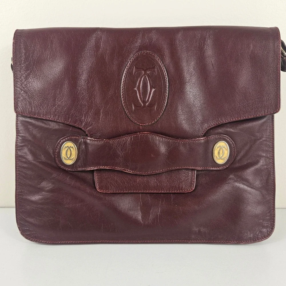 Cartier Vintage Must de Cartier Bordeaux Leather Crossbody Shoulder Bag Gold